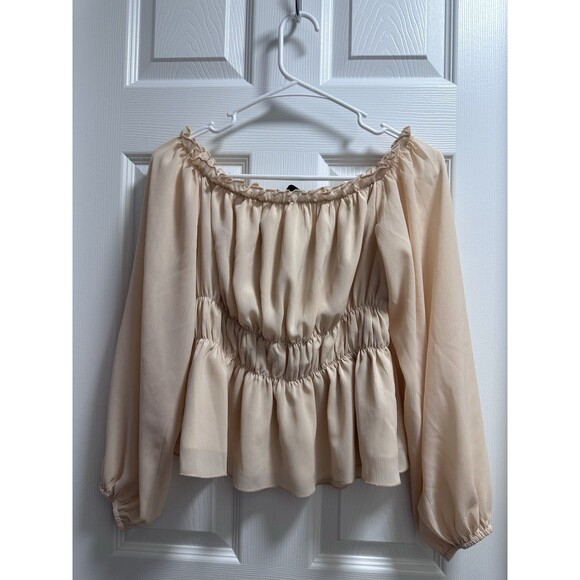 Women Off Shoulder Peplum Tops Long Sleeve Blouse Slim Fit Babydoll Top - Picture 3 of 3